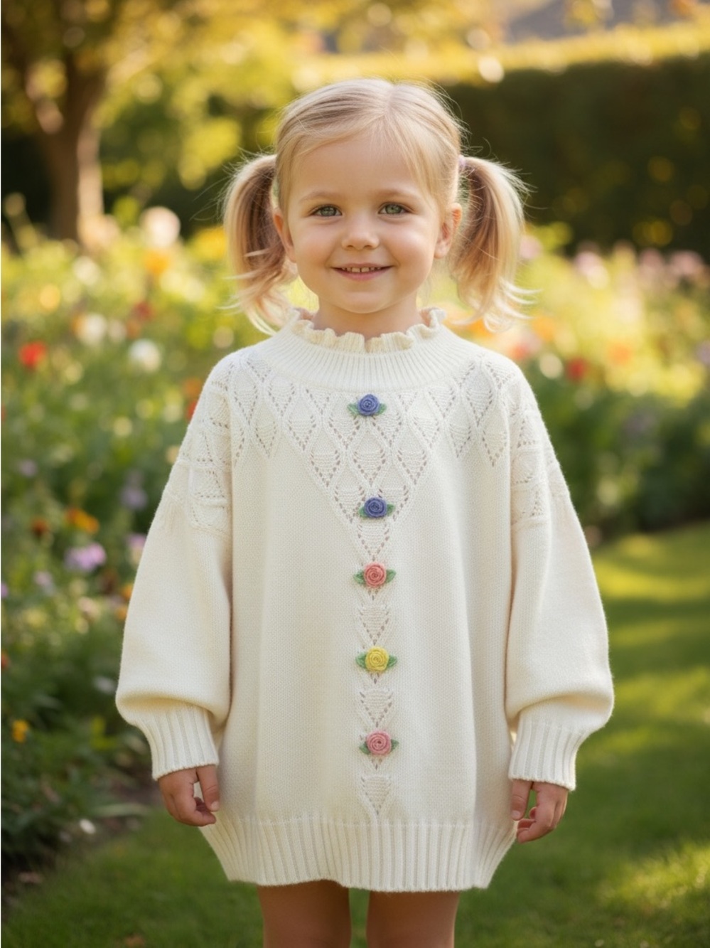 Pointele Vint  Cute Sweater With Dainty Pastel Ribbon Flowers Stitched Ap 8-10